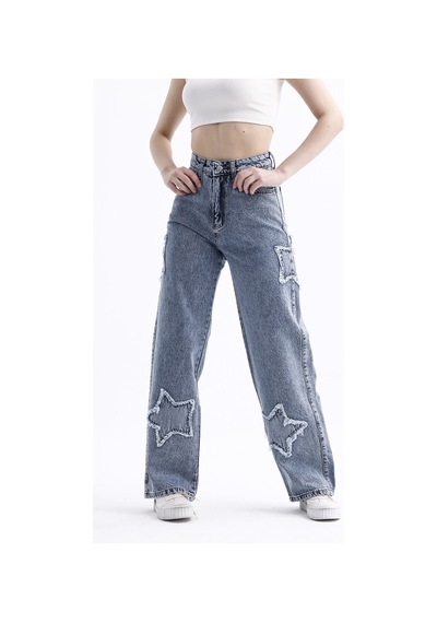 2424 Kadın Yıldız Detaylı Baggy Jeans Kot Denim Pantolon Kar Yıkama