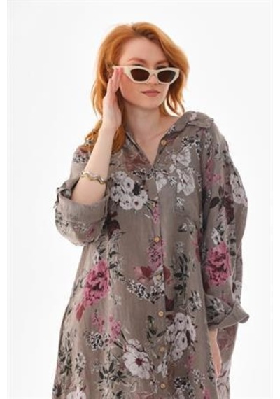 Bohem Stil İtalyan Gömlek Yaka Uzun Kol Dijital Baskılı Keten Elbise Camel