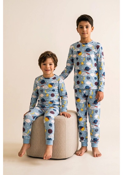 Zuzunga Kısa Kollu Planet Pattern Erkek Çocuk Pijama Takımı Mavi