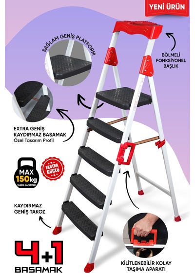 Ze Zigana Ev Gereçleri Elegance 4+1 Geniş Basamaklı Kolay Taşıma Aparatlı Merdiven