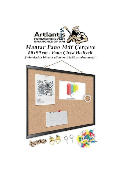 Mantar Pano Mdf Çerçeve 60x90 Cm 1 Adet Harita Çivisi Hediyeli Duvara Monte Mantar Çerçeve Evde Okulda Büroda Ofiste