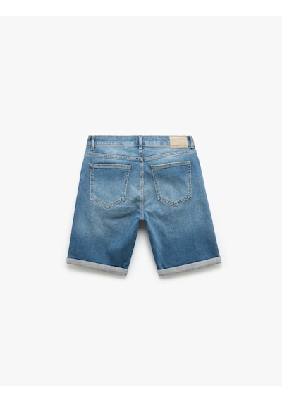 Koton Pamuklu Slim Fit Katlamalı Paça Bermuda Jean Şort Petrol 5sam40002ıd Petrol
