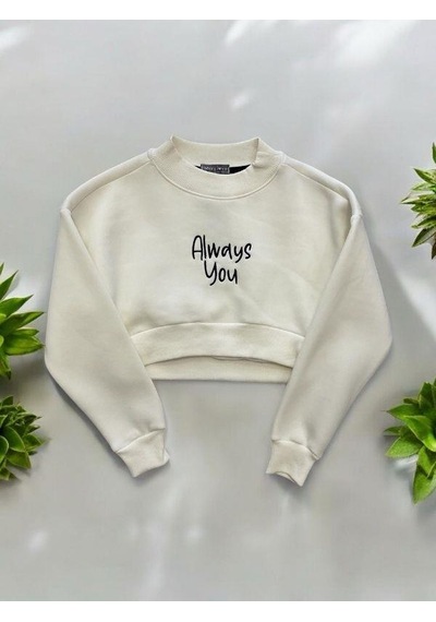 Kız Çocuk Üç İplik Şardonlu Always Yazılı Crop Sweatshirt-14377 KREM