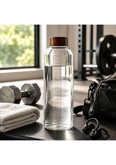 1000 Ml Akasya Kapaklı Cam Matara Ölçekli Su Şişesi Sızdırmaz Kapaklı Şeffaf Cam Suluk