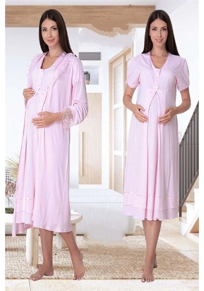 Effortt Dvina Lohusa Hamile Dantelli Sabahlık Ve Kısa Kollu Gecelik - 2'li Set - Pembe Pembe