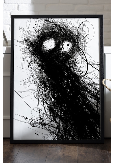 Inner Chaos Siyah Ahşap Çerçeveli Poster, Dekoratif Soyut Monokrom Duvar Tablosu