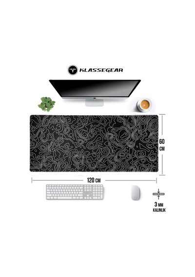 Klasse Pro - 5 Farklı Model Dikişli Kenar 120x60 Cm Oyuncu Gaming Mouse Pad Black Map Lines