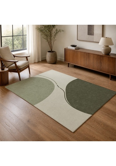 Kartela Halı Denge Soyut Modern Halı Adaçayı Yeşili Kaymaz Taban Makinede Yıkanabilir 120x180 Cm