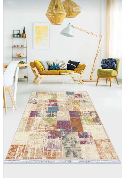 Çok Renkli Patchwork Dokuma Pamuk Taban Kaymaz Kilim Klm289n11