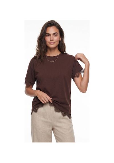 Onloox Kadın Kahverengi Kahverengi Yumuşak Dokulu Bisiklet Yaka Oversize Dantel Detaylı Dökümlü Form T-shirt