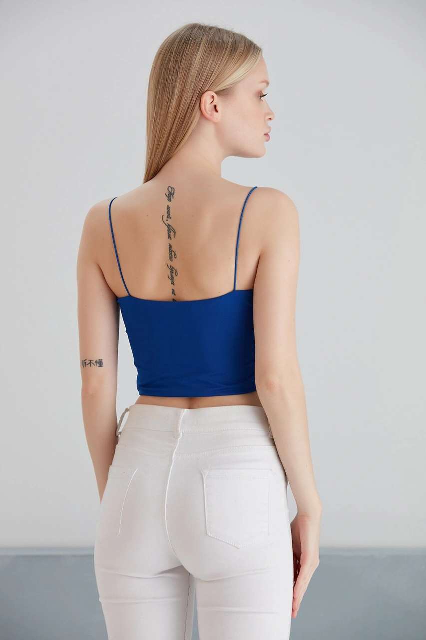 Mamayaga Kadın Askılı Şık Croptop Bluz Mavi
