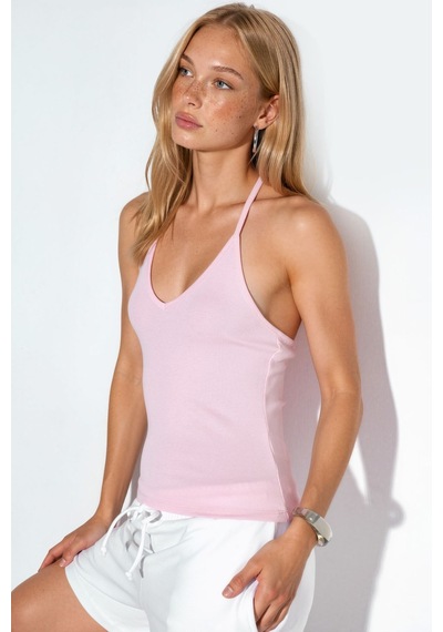 Hiccup Busem Slim Fit Halter Yaka Jarse Bluz Toz Pembe