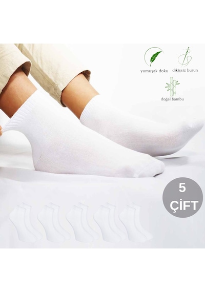 Kral Socks Erkek Bambu Düz Desen 5 Çift Dikişsiz Patik Çorap Beyaz