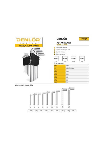 Denlör 9 Parça Alyan Takımı Metrik 2 10 Mm Uzun L Tipi