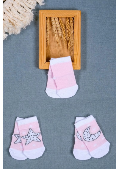 Cocole Socks Kız Bebek Soket Çorabı 3 Lü Set Pamuklu Pembe Ay & Yıldız Desenli Çok Renkli
