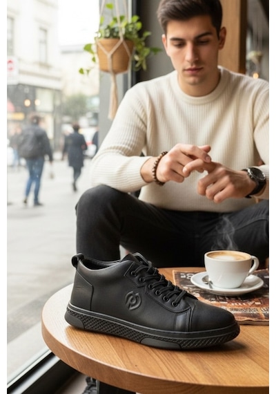 Enoch Hakiki Deri Siyah Yanı Logo Detaylı Siyah Erkek Sneaker Siyah