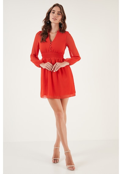 Lela V Yaka Regular Fit Gipeli Düğme Detaylı Şifon Mini Bayan Elbise 611El01433 Orange