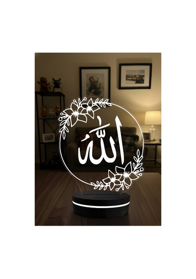 Allah Ve Vav Temalı 3d Dekoratif Led Gece Lambası - Çiçekli Modern Hat Sanatı - İslami Hediye