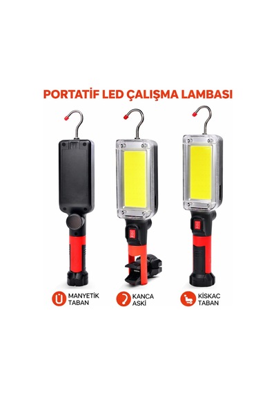 Gold Silver 60w Cob Led 1200 Lümen Şarjlı Çalışma Lambası - Mıknatıslı, Kancalı, Kıskaçlı + 2 Adet 18650 Siyah