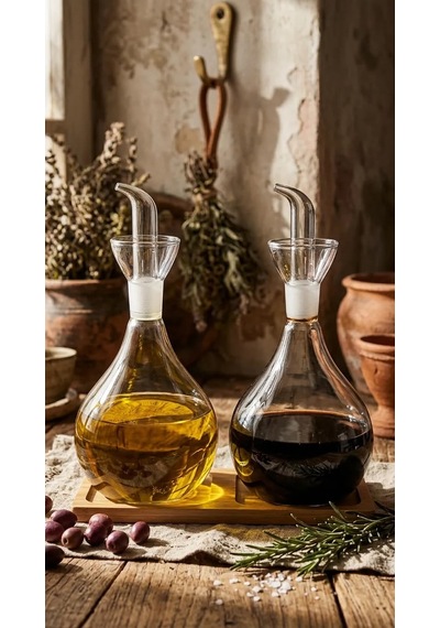 2li Düz Tombul Borosilikat Cam Yağdanlık Ve Sirkelik Seti Bambu Standlı 750 Ml Şeffaf