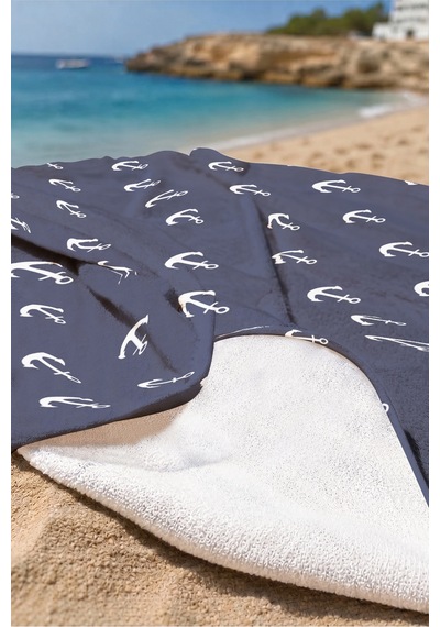Çapa Marine Lacivert Plaj Havlusu - Nautical Minimalist Beyaz Hızlı Kuruyan Mikrofiber Havlu Eski Armut