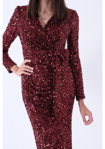 Feminist Bordo Beli Fiyonk Detaylı Pul Payetli Midi Boy Abiye 9705833