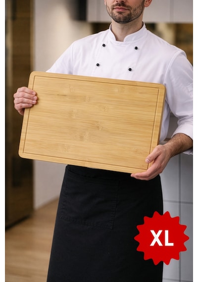 Major - Geniş Yüzeyli Doğal Bambu Kesme Tahtası Oluklu Et Sebze Doğrama Panosu Büyük Boy 50 X 38 Cm Bambu