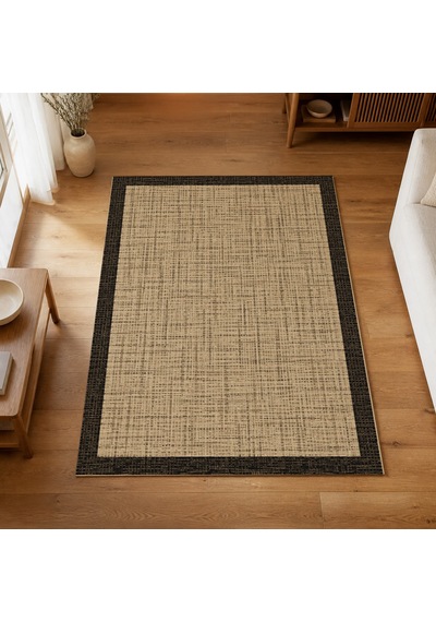 Kartela Halı Jüt Görünümlü Kalın Çerçeveli Halı Natürel Siyah Kaymaz Taban 160x240 Cm