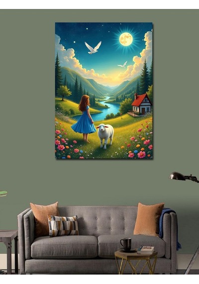 Kanvas Tablo Yeşil Vadide Kız Ve Kuzu 50cmx70cm