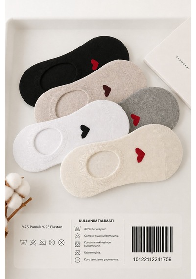 Hitit Socks Kadın 5 Çift Premium Kalite Kalp Desenli Görünmez Babet Çorap Asorti