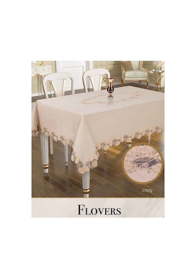 Keten 3d İşlemeli Tek Masa Örtüsü 160x260cm Dantelli Yemek Masası Örtüsü Flowers Model Kapiçino Çok Renkli