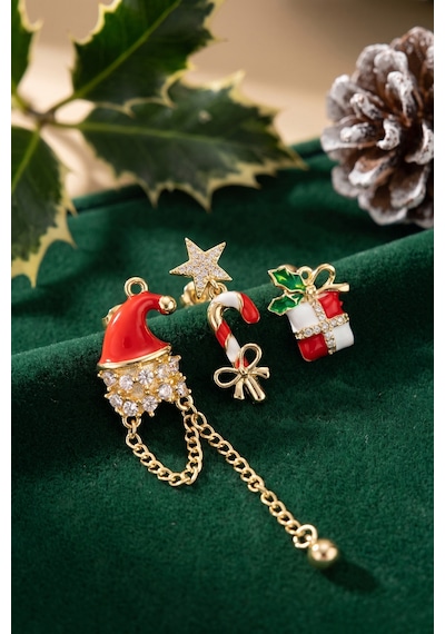Gold Noel Baba Şapkalı Zirkon Taşlı Yılbaşı Küpe Altın