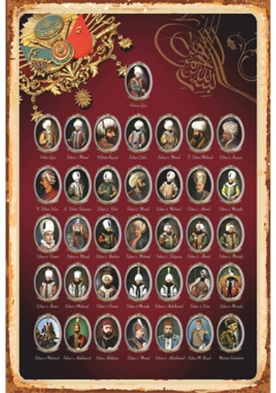 Osmanlı Padişahları kronolojik tablo retro ahşap poster