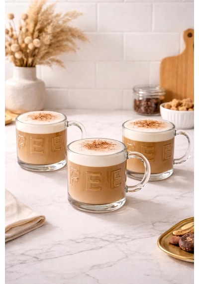 3 Lü Cam Kulplu Coffee Kahve Bardağı Bardak Kupa 320ml Şeffaf