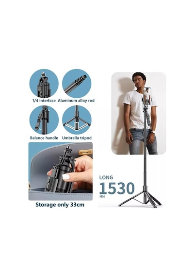 L16 Selfie Çubuğu Uzaktan Kumandalı 157 Cm Tripod Özçekim 360 Derece Alüminyum Masa Üstü Tripod 9M938ATDiğer