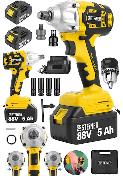 Steiner 88V 5Ah Çift Akülü Kömürsüz Çantalı Matkap Bijon Somun Sıkma Makinesi Sarı + Mandren