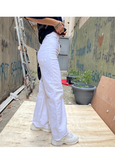 Kadın Beyaz Palazzo Kot Pantolon Jeans Beyaz