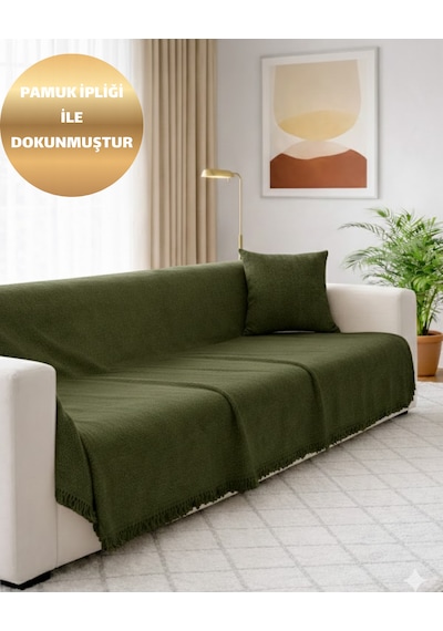 Sevhome Concept %100 Pamuk Kaymaz & Terletmez & Saçaklı & Yumuşak Koltuk Örtüsü-tek Ve Çift Kişilik Koltuklar İçin- 170 X 200 Cm Haki Yeşili
