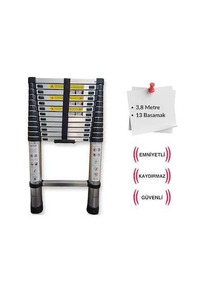 Endokon 13 Basamak - 380 Cm. Teleskopik Alüminyum Merdiven - I Tipi Uzayan Merdiven