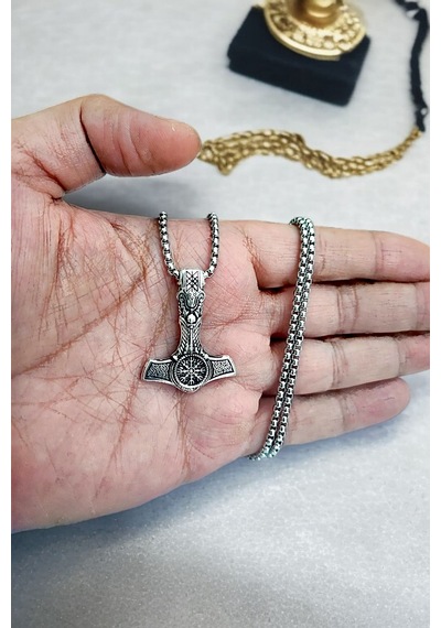 Gümüş Kaplama K-150 Paslanmaz Kromix Erkek Kolyesi Thor'un Çekici Viking Baltası Gravürlü Madalyon Beyaz