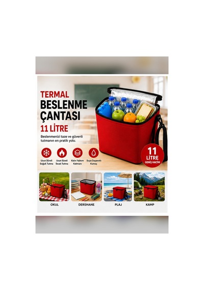 11 Litre Termal Beslenme Çantası Isı Yalıtımlı Sıcak Soğuk Tutucu Termos Yemek Taşıma Okul Piknik Kamp Çantası-kırmızı .