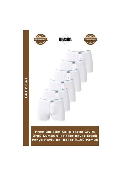 Grey Cat Premium Slim Kalıp Yazlık Giyim Örgü Kumaş 6'lı Paket Beyaz Erkek Penye Havlu Bel Boxer %100 Pamuk
