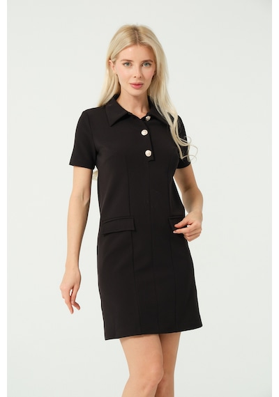 Samore Polo Yaka Mini Elbise Siyah