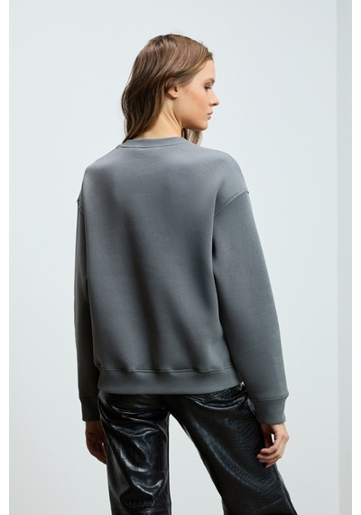 Grimelange Vaneltına Kadın Organik Pamuklu Yumuşacık İçi Polarlı Yuvarlak Yakalı Gri Sweatshirt Gri