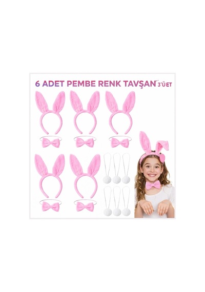 Takçalıştır Mey İthalat Full Pembe Renk Tavşan Sahne Seti 6&amp 39 Lı Set Taç Papyon Kuyruk Çok Renkli