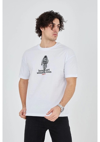 Erkek Baskılı T-shirt Kısa Kol Bisiklet Yaka Regular Fit Rahat Kalıp Günlük Tişört - Beyaz -Çok Renkli