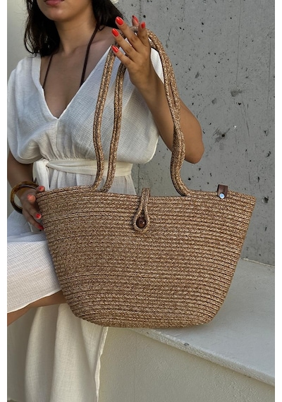 Shule Bags Vossa Handmade Düğmeli Hasır Omuz Çantası Vizon Vizon