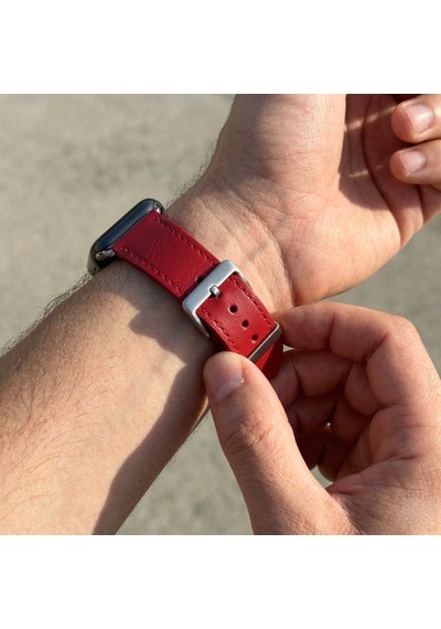 Goldoni Apple Watch Uyumlu Kırmızı İnce Gerçek Deri Kordonu Metal Köprülü