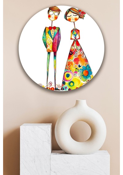 Romantik İllüstrasyon Sevgililer Yuvarlak Ahşap Tablo, Modern Duvar Süsü, Eşler İçin Hediye