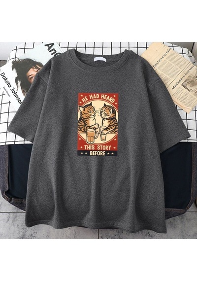 Flood Of Style Erkek Antrasit He Had Heard Baskılı Oversize Bisiklet Yaka Tshirt Gri